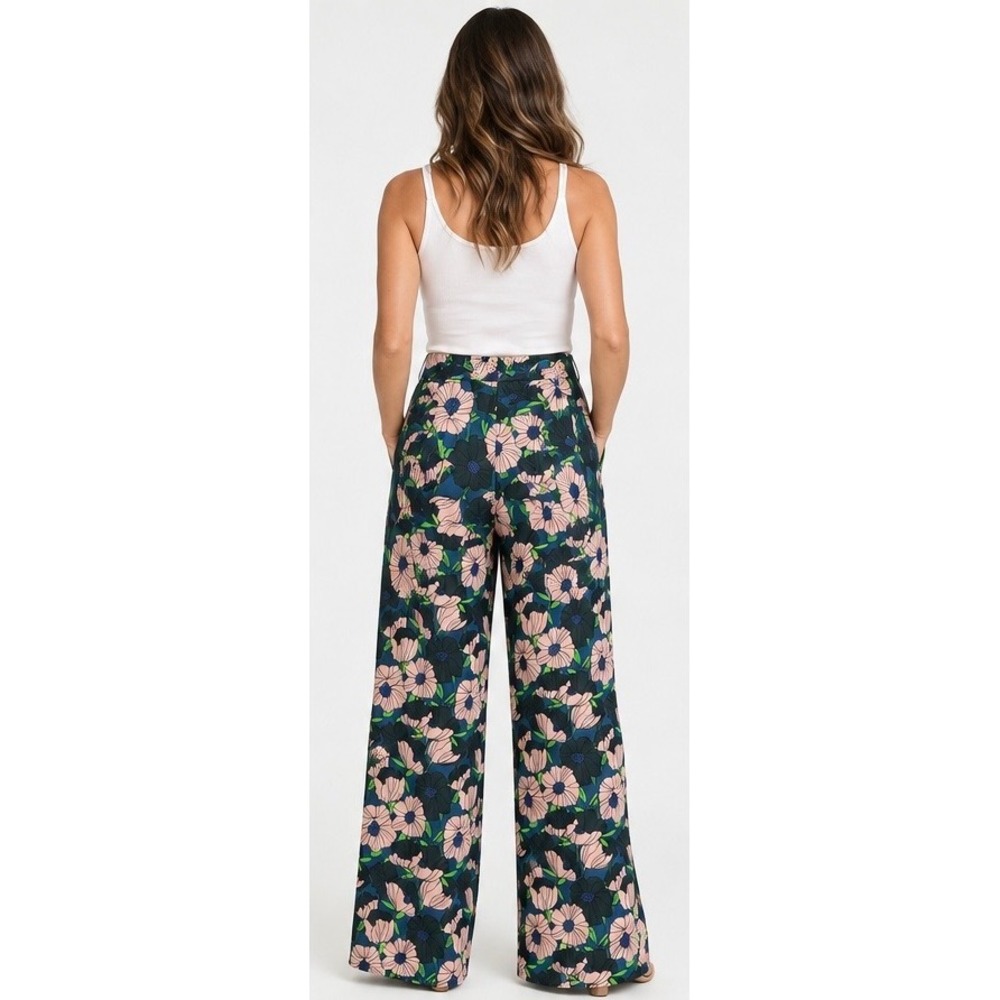 H&M Women's 4 Pink Green Bold Floral Print High Waist Wide Leg Pants Trousers - Picture 15 of 15